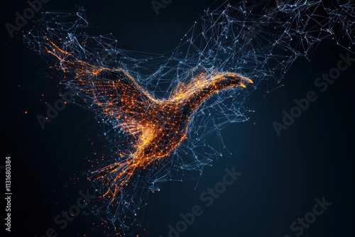 Cybernetic phoenix symbolizing rebirth of secure networks digital realm abstract art futuristic environment dynamic viewpoint tech concept