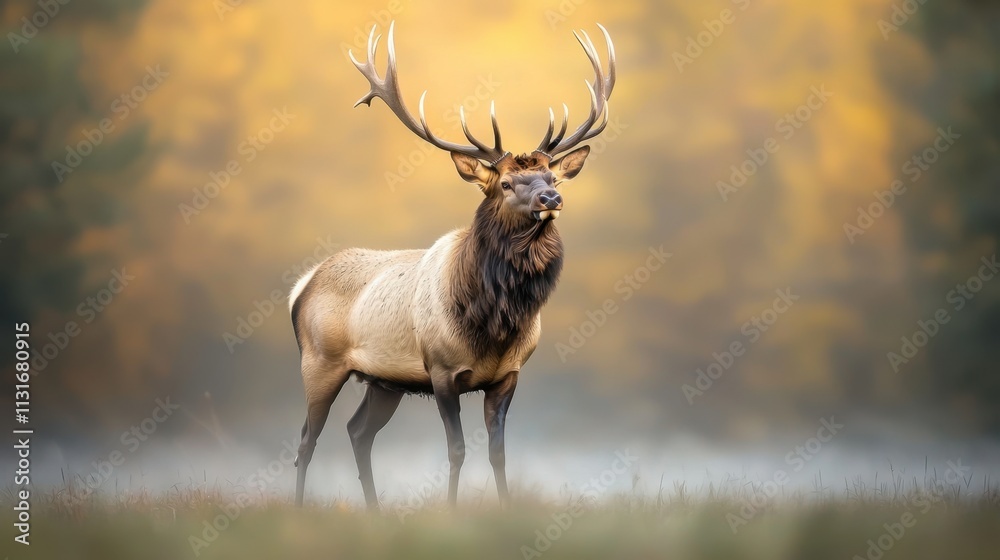 Fototapeta premium The powerful elk stands with its head held high, antlers reaching towards the sky, as the mist swirls around its majestic form in the tranquil forest bathed in the soft, early morning light.