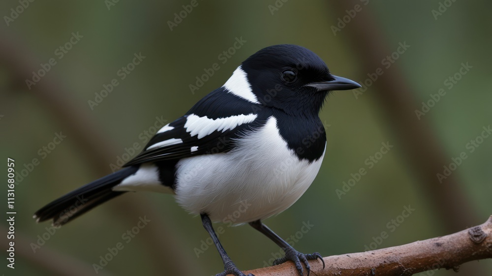 Obraz premium Close-up of a black and white bird perched on a branch.
