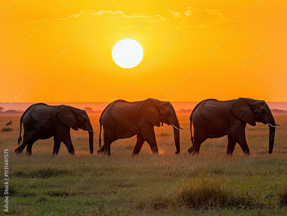 Fototapeta premium Elephants silhouetted against a vibrant sunset. AI.