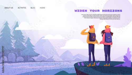 Outdoor recreation landing page. Banner with characters looking at landscape with mountains and forests. Extreme sports, trekking and hiking. Cartoon vector illustration