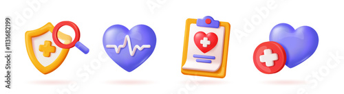 Healthcare Icon Set. Medical signs and symbols in plasticine style. Health insurance shield, heart with pulse, patient card and treatment. Realistic 3D vector illustration collection