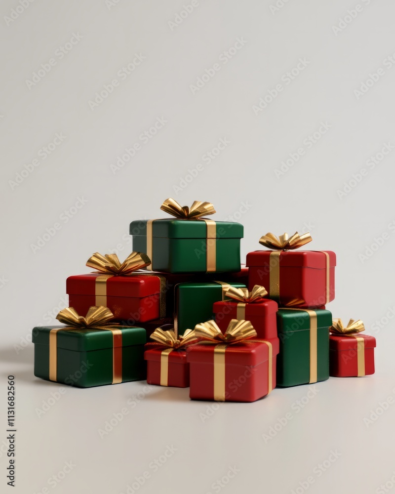 Fototapeta premium A 3D rendering of a stack of small, wrapped Christmas presents in red, green, and gold, arranged on a white surface realistic