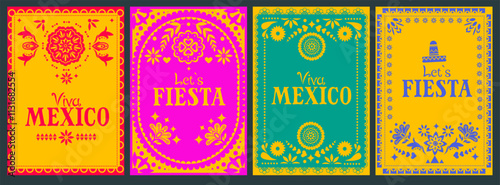Mexican Fiesta posters set. Cinco de Mayo invitation with vintage floral ornament and text. Greeting cards for traditional Mexican holiday. Flat vector illustration collection