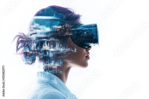 A futuristic image showing a woman wearing a VR headset that seamlessly blends cityscape and technology, representing virtual reality and innovation. photo