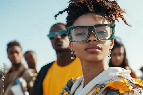 A young woman dons distinctive oversized glasses in a burst of bright sunlight, embodying individuality and a spirited, dynamic youthfulness amidst a group of peers.