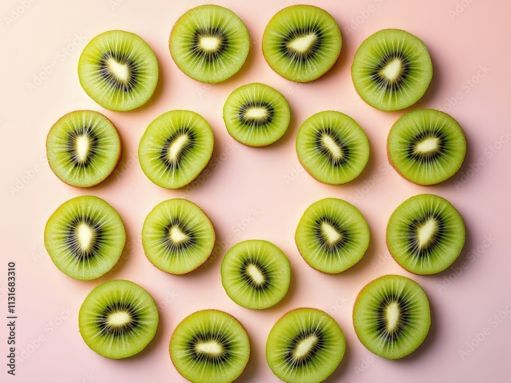 Fototapeta premium Fresh kiwi slices arranged in a vibrant circular pattern on a soft pink background showcasing natural beauty and texture