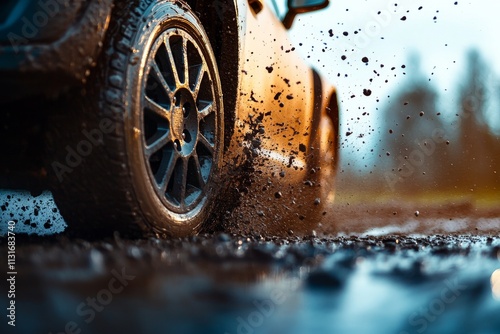 A car wheel is shown in close-up with mud splattering as it speeds through rough terrain, capturing the essence of adventure and rugged exploration. photo