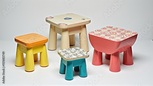 A playful collection of colorful stools with vibrant patterns and unique shapes, designed for fun and creative spaces. Generative, AI, photo