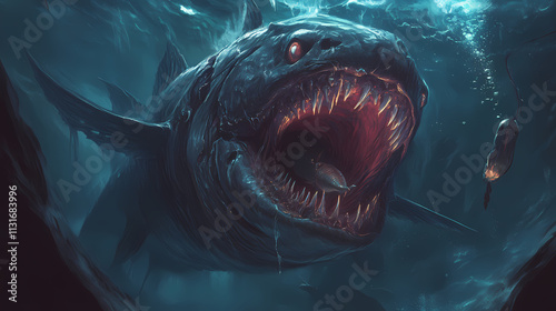 A large, dark fish with a gaping mouth, sharp teeth, and a glowing lure. deep ocean abyss. illustration. Abyss. Illustration