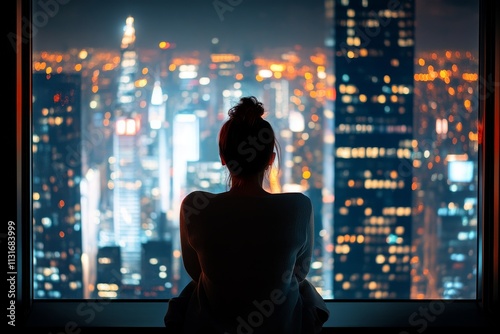 A silhouette of a woman gazing out of a large window overlooking a glowing cityscape, illuminated by myriad city lights, representing contemplation and solitude.