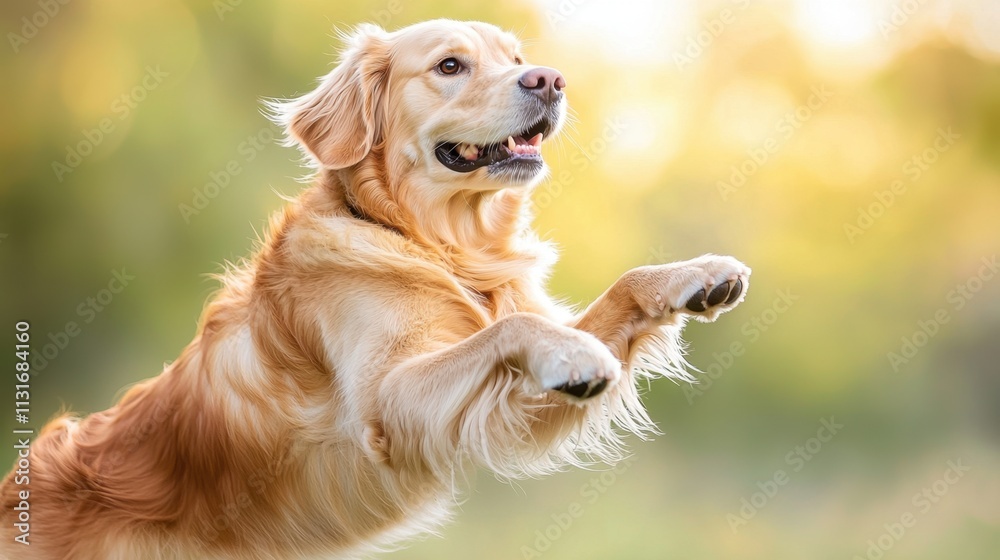 Obraz premium The Golden Retriever jumped gracefully in the air, a look of pure joy on its face as it reached out eagerly to catch the ball mid flight