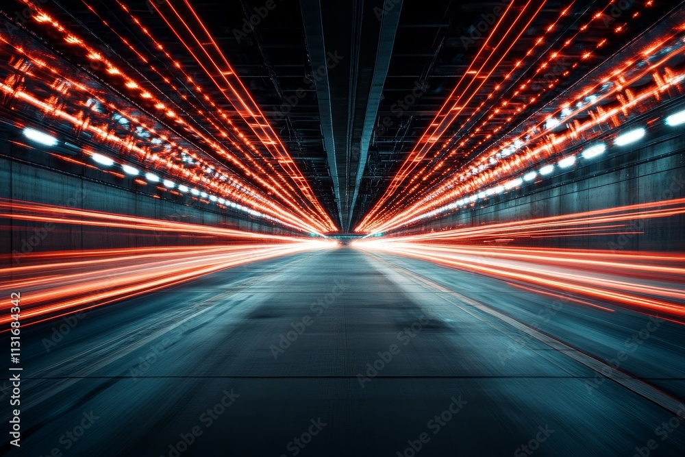 Fototapeta premium Red lights create stunning streak patterns as they speed through a dark tunnel, capturing the motion and energy of high-speed travel in an artistic manner.