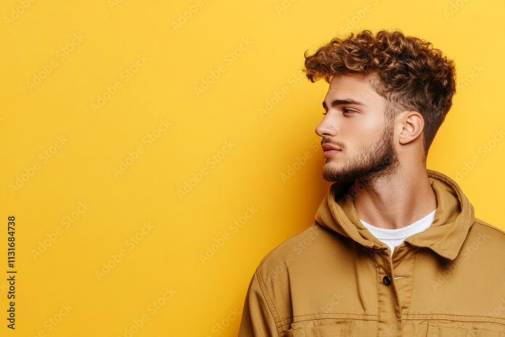 Fototapeta premium A young man with curly hair poses confidently wearing a chic jacket, set against a vibrant yellow background, symbolizing modern fashion and personal expression.