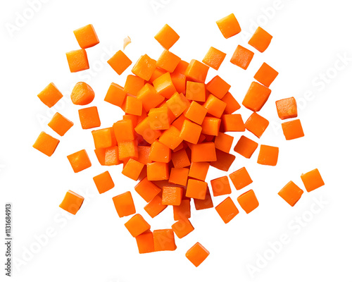 A pile of diced orange cubes isolated on a white background, png transparent, likely representing fresh vegetables for cooking or salads.