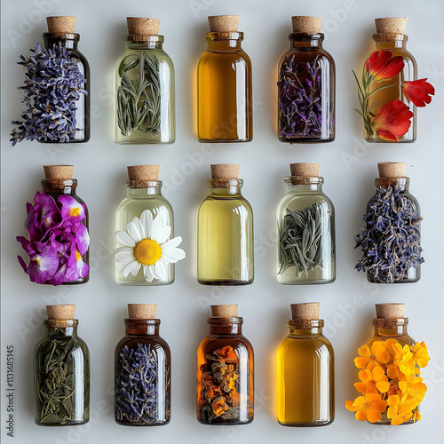 create a collage of all the botanicals that can be used to be macerated in oils such as lavender roses calendula chamomille hibiscus and other best botanicals that a photo