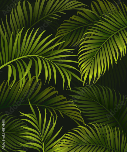 Palm leaves background. Dark luxury banner or poster with green branches and leaves of tropical exotic plant. Natural organic jungle design. Realistic vector illustration