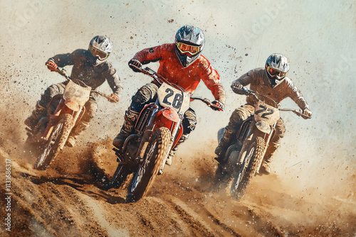 Dynamic Dirt Bike Riders Competing on a Dusty Track, Capturing the Energy and Adrenaline of Off-Road Motorsport Action photo