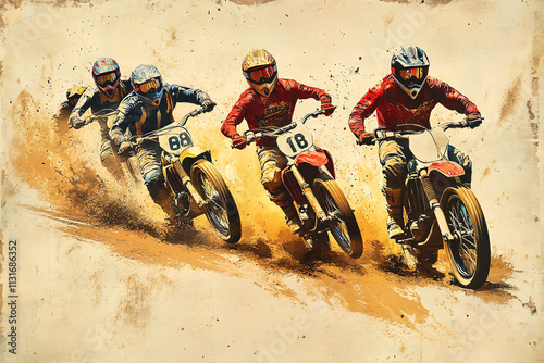 Dynamic Dirt Bike Riders Competing on a Dusty Track, Capturing the Energy and Adrenaline of Off-Road Motorsport Action photo