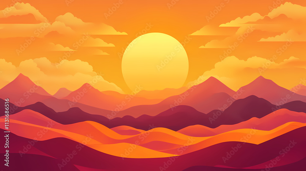 Fototapeta premium Sunset over desert dunes. Goldenhour. Illustration