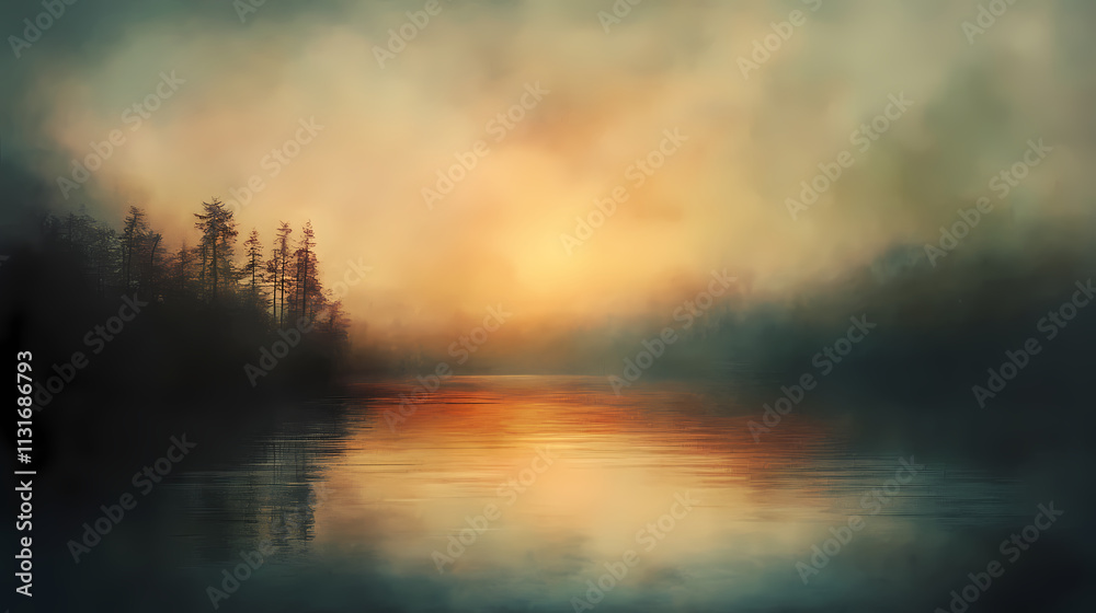 Fototapeta premium Whimsical twilight fantasy landscape dreamworld misty softfocus pastel surrealism goldenhour ethereal mystic atmospheric painterly skiescape luminous. Goldenhour. Illustration