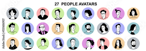 People avatars set. Hand drawn doodle portraits of men and women for social networks and websites. Character icons for user profile. Flat vector illustration collection