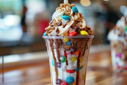 Decadent frozen yogurt parfait layered with granola, M&Ms, and drizzled with chocolate. A symphony of sweet indulgence.