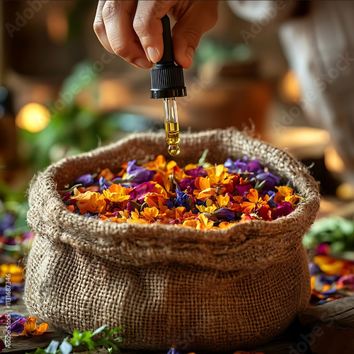 In a warm interior an open footbath bag is filled with flower petals and medicinal materials A person holds an essential oil dropper and is ready to drip into these photo