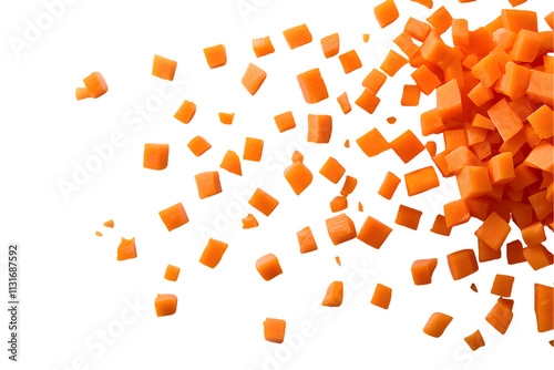 A scattered arrangement of diced orange vegetables on isolated on a white background, png transparent