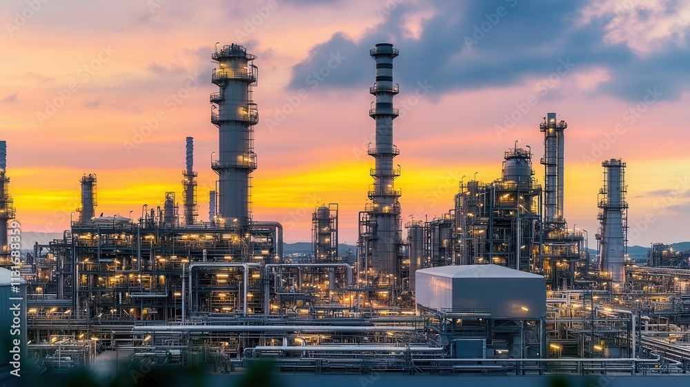 Fototapeta premium A refinery plant at sunset with an engineer using a tablet to check operational data and ensure safety