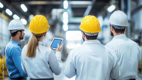 A team of engineers inspecting refinery equipment while recording observations on handheld devices photo