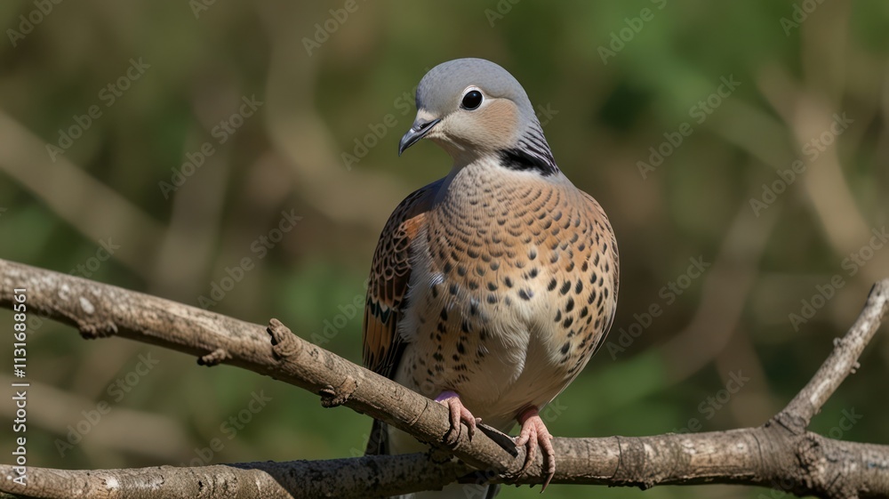 Obraz premium Close-up of a speckled dove perched on a branch.