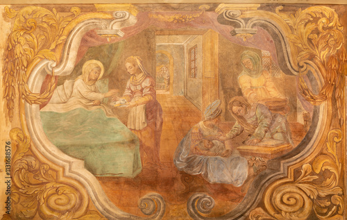 ASTI, ITALY - SEPTEMBER 10, 2024: The fresco of Nativity of Virgin Mary in the church Santuario di Nostra Signora Porta Paradisi by unknown artist (1705).
