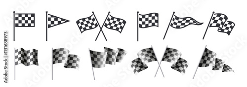 Racing flag icon set. Flat and realistic waving checkered flags for sports competitions, racing and tournaments. Design elements for app. Vector illustration collection