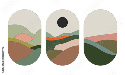 A landscape with a blackout on the horizon, done in warm and earthy tones. Soft wavy forms create harmony and peace.