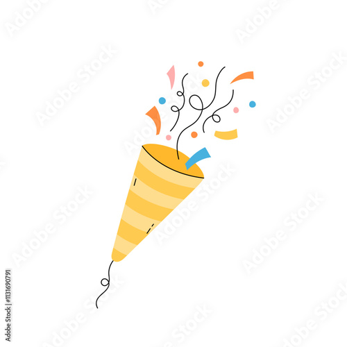 Birthday party popper isolated vector illustration. Cute colorful confetti cracker. Surprise popper for festive Bday, New Year, other celebration designs. Festive flat hand drawn object