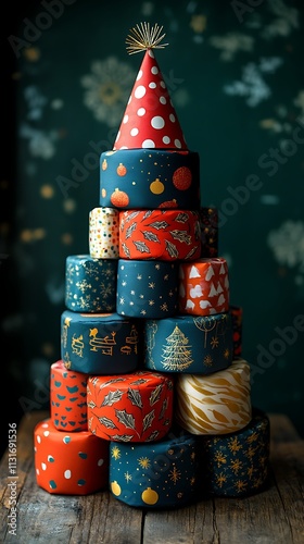 Creative Christmas Tree Made of Decorative Wrapping Paper Rolls Images photo