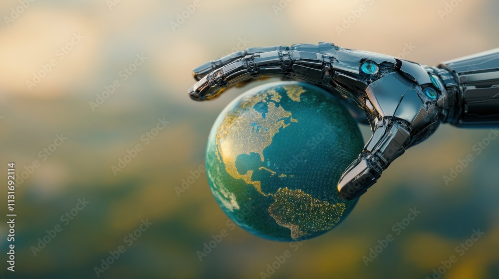 Fototapeta premium A robotic hand gently holds a miniature Earth, symbolizing the intersection of technology and environmental stewardship.