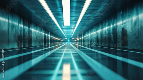 Wallpaper Mural Futuristic Corridor: A mesmerizing perspective down a sleek, teal-lit futuristic corridor. Gleaming surfaces and vibrant lines create a sense of depth and mystery. Perfect for Sci-Fi, technology. Torontodigital.ca