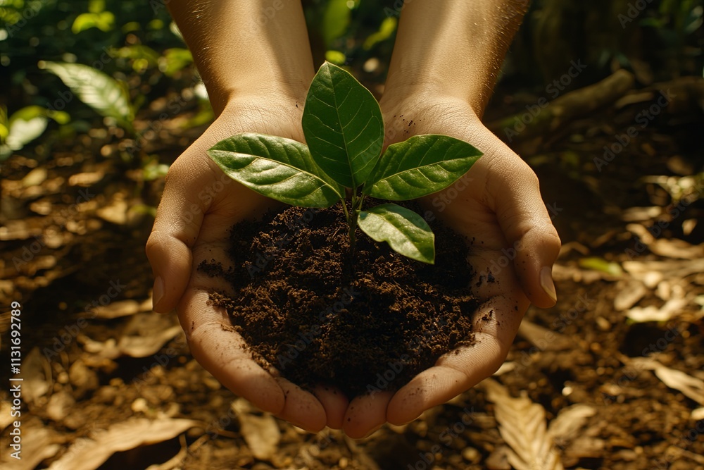 Fototapeta premium Gently cradled hands nurture a tiny seedling, symbolizing the delicate balance between human care and nature's growth
