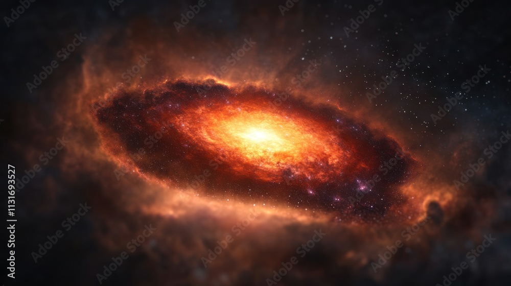 Fototapeta premium A vibrant galaxy emits a fiery glow, surrounded by a sea of stars and cosmic dust, showcasing the beauty of the universe.