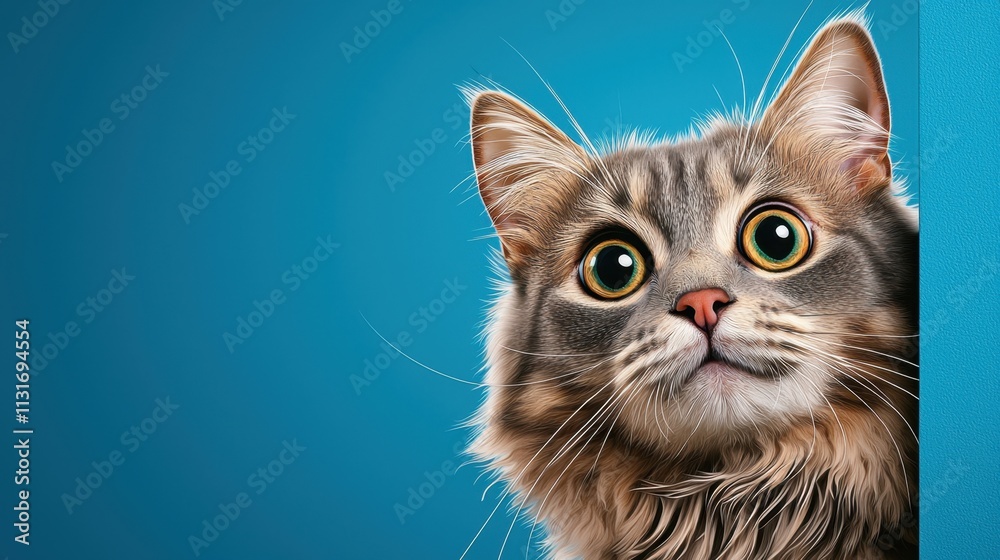 Fototapeta premium A realistic digital illustration of a scared gray cat with wide eyes, peeking out cautiously from behind a corner on a vibrant blue background, with ample blank space for adding text.