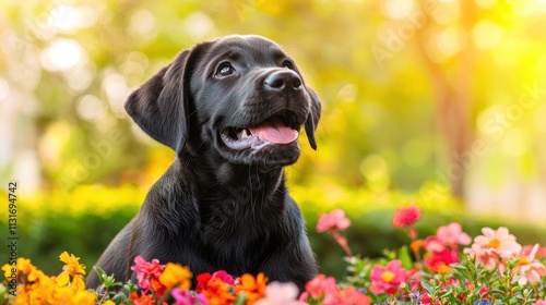 A playful Labrador puppy with a shiny black coat joyfully romps through a colorful flower garden on a warm, sunny day, wagging its tail and sniffing the vibrant blooms with curiosity.