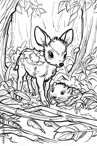 Delightful coloring page featuring whimsical forest animals like fawn and beaver in playful designs