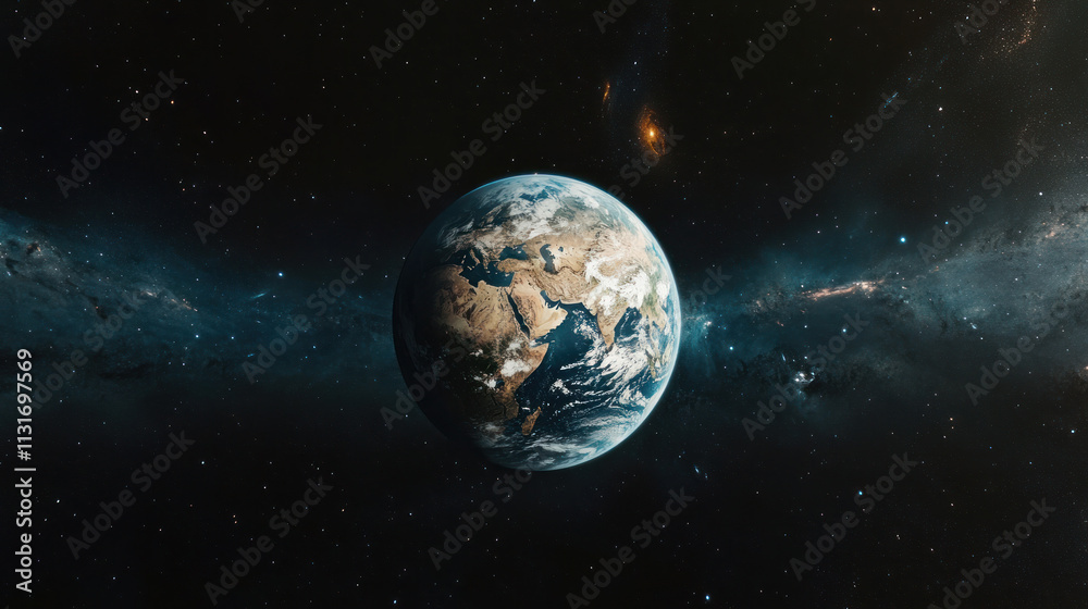 Naklejka premium Earth in space, viewed from afar, showcasing continents and clouds against a backdrop of stars and nebulae.
