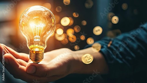 Bright Idea, Golden Opportunity: A glowing light bulb held gently in hands, surrounded by shimmering golden coins, symbolizes innovation, financial success, and the potential for wealth creation.
