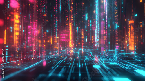Futuristic Data Stream with Neon Light Effects in a Technological Environment