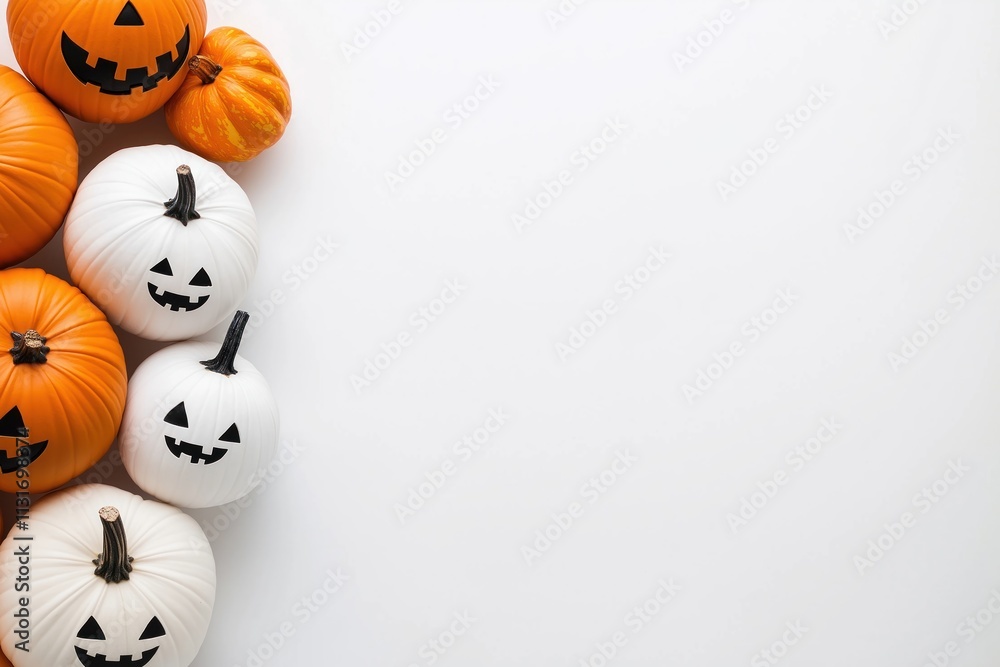 Obraz premium Pumpkins arranged in a row against a white background. Orange and white pumpkins with black faces are displayed. Halloween or autumn theme. Perfect for seasonal designs or greeting cards.