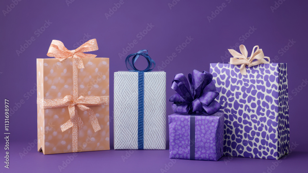 Obraz premium Four gift boxes with various patterns and ribbons on purple background.