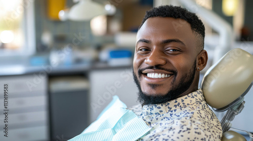 Happy man smiling in dentist chair.